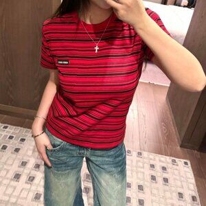 Miu Miu Red and Black Striped Short Sleeve Tee
